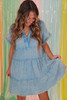 Beau Blue Mineral Wash Crinkle Split Neck Raw Hem Tiered Dress