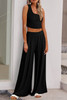 Black Textured Sleeveless Crop Top and Wide Leg Pants Outfit