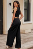 Black Textured Sleeveless Crop Top and Wide Leg Pants Outfit