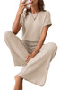 Parchment Solid Color Ribbed Short Sleeve Wide Leg Jumpsuit