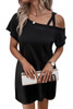 Black Asymmetric Shoulder Short Sleeve Mini Dress