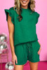 Dark Green Textured Ruffle Split Top and Drawstring Shorts