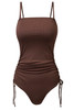 Coffee Ribbed Drawstring Sides Cutout One Piece Swimsuit