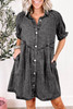 Medium Grey Mineral Wash Ruffled Short Sleeve Buttoned Denim Dress
