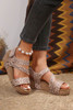 Light French Beige Floral Print Hollowed Strappy Wedged Sandals