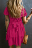 Rose Red Swiss Dot Jacquard Puff Sleeve Crossover Tied Tiered Dress