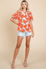 Orange Floral Bubble Sleeve Frill Neck Loose Blouse