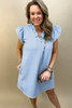 Light Blue Textured Puff Sleeve Ruffled V Neck Shift Mini Dress