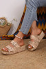 Pale Khaki Retro Buckle Studded Platform Slippers