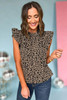 Khaki Animal Print Ruffle Sleeve Back Button Top