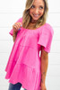 Bright Pink Textured Square Neck Flutter Sleeve Tiered Flowy Blouse