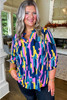 Blue Plus Size Brushstroke Print 3/4 Sleeve Blouse