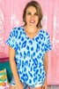 Sky Blue Leopard Printed V Neck Plus Size T Shirt