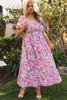 Pink Plus Size Floral Print Smocked Puff Sleeve Dress