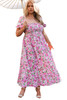 Pink Plus Size Floral Print Smocked Puff Sleeve Dress Pink Plus Size Floral Print Smocked Puff Sleeve Dress