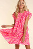 Pink Zebra Stripe Printed Ruffle Trim Pocketed Dress