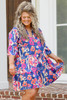 Blue Plus Size Floral Print Ruffled 3/4 Sleeve Mini Dress