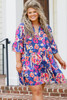 Blue Plus Size Floral Print Ruffled 3/4 Sleeve Mini Dress