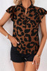 Brown Leopard Ruffled Flutter Sleeve Split Neck Blouse