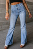 Light Blue Fly Button Exposed Seam Patched Pocket Flare Jeans