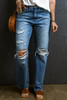 Light Blue Distressed Holes Raw Edge Straight Jeans