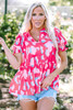 Rose Abstract Print Smocked Puff Sleeve V Neck Blouse Rose Abstract Print Smocked Puff Sleeve V Neck Blouse