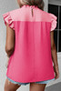 Strawberry Pink Textured 2-Tone Patchwork Frill Neck Ruffled Trim Plus Blouse