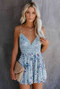 Blue Deep V Spaghetti Straps Lace Floral Romper