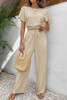 Beige Crinkled Elastic Hem Crop Tee and Wide Leg Pants Set