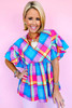 Sky Blue Colorful Plaid V Neck Ruffled Short Sleeve Babydoll Top