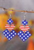 Dark Blue Geometric Wooden Star Stripe Flag Dangle Earrings