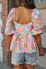 Pink Floral Puff Sleeve Square Neck Babydoll Blouse