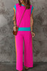 Strawberry Pink Color Block Detail Casual Two-piece Set
