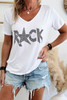 White Rhinestoned ROCK Star Graphic V Neck T Shirt