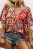 Red Floral Print Batwing Sleeve V Neck Blouse