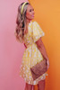 Yellow Boho Flower Jacquard Puff Sleeve Square Neck Mini Dress
