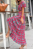 Red V Neck Flutter Sleeve Floral Print Ruffled Maxi Dress