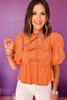 Grapefruit Orange Knotted Puff Short Sleeve Peplum Blouse