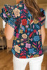 Green Trimmed Ruffle Sleeve Summer Floral Blouse Green Trimmed Ruffle Sleeve Summer Floral Blouse