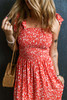 Red Boho Floral Self Tie Straps Smocked Bodice Long Dress