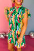 Green Abstract Print Frilled Neck Ruffled Sleeve Mini Dress Green Abstract Print Frilled Neck Ruffled Sleeve Mini Dress