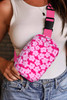 Rose Red Flower Print Wide Belt Buckle Zipper Crossbody Bag