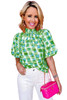 Green Abstract Print Button Back Ruffled High Neck Blouse Green Abstract Print Button Back Ruffled High Neck Blouse