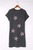 Gray Sequin Flag Stars Ribbed Shift T-shirt Dress