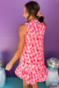 Pink Abstract Print Frilly Neck Sleeveless Mini Dress