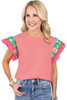 Peach Blossom Contrast Ricrac Floral Sleeve Top Peach Blossom Contrast Ricrac Floral Sleeve Top