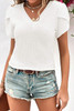White V Neck Petal Sleeve Waffle Knit T-Shirt