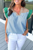 Mist Blue Colorblock Ruffled Sleeve Frill V Neck Blouse