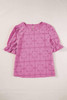 Bright Pink Flower Eyelet Jacquard Keyhole Flounce Sleeve Top