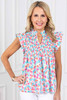 Sky Blue Shirred Yoke Ruffled Abstract Printed Blouse Sky Blue Shirred Yoke Ruffled Abstract Printed Blouse